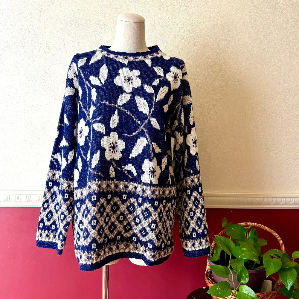 Vintage Holiday Time Metallic Blue & White Floral Knit Sweater L USA Made‎ Lurex